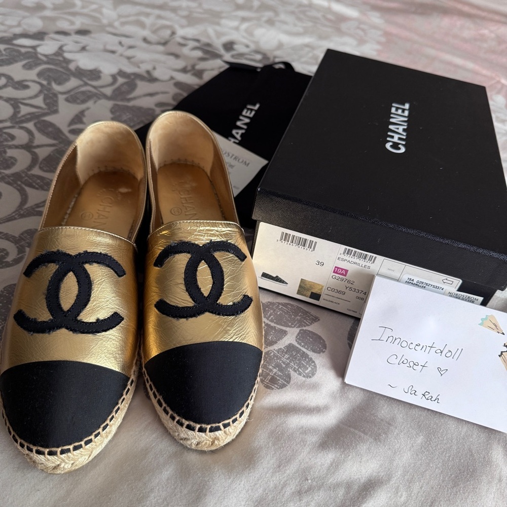 CHANEL Gold and Black Espadrille Flats